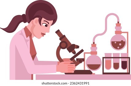 A female woman scientist working in a scientific laboratory with microscope and other science lab equipment
