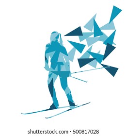 Female woman skiing vector background winter abstract sport illustration made with polygon fragments isolated on white