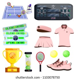 Female woman tennis set. Flat cartoons style vector illustration icons. Isolated on white. Girl tennis gear. Tennis equipments, accessories: referee umpire chair, sports wear, hand, cap, shoes, racket