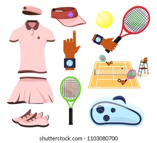 Female woman tennis set. Flat cartoons style vector illustration icons. Isolated on white. Girl tennis gear. Tennis equipments, accessories: court, player hand, cap, headband, backpack, racket, ball.