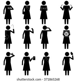 female woman with various food and snack info graphic icon vector sign symbol pictogram