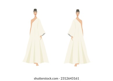 Female; woman; walk; full body; dress; one shoulder; yellow; beige; glove; long dress; chiffon fabric; silk; shoe; belt; lip; red; brown hair effect; fashion; cat walk; front; back; beautiful; slim; 