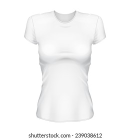 Female Woman White T-Shirt Design Template. Front. Illustration Isolated On White Background. Mock Up Template Ready For Your Design. Vector EPS10