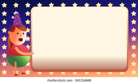 Female woman, young lady cartoon character with party hat and costume holding a big blank board. Stars pattern background decoration, gradient color effect. Logo revealer, product promo placeholder.