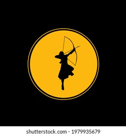 Female women archery with Bow Longbow Arrow, Muscular Myth Greek Archer Warrior Silhouette Logo design.