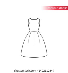 Female, women dress outline vector drawing. Dress for ladies, black thin line, editable stroke.