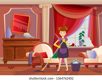 Female women housekeeper, housewife,housewife mopping floor, living room cleaned the dirty house. Housekeeping, household chores, home cleaning, restoring order. Dirty living luxury room vector.
