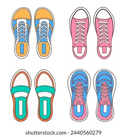 Female, women sneakers set in cartoon style. Hand drawn casual shoes icon. Vector illustration isolated on a white background.