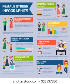 Female work home and relationship stress factors leading to depression infographic presentation layout poster abstract vector illustration