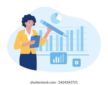 Female worker analyzing digital data  charts and graphs of business growth trending concept flat illustration