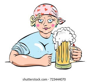 Female worker with beer, cartoon image. Artistic freehand drawing.