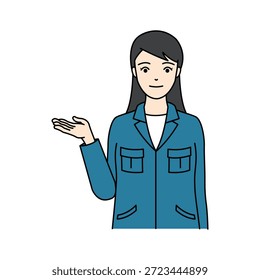 Trabajadora en uniforme azul gesticulando con la mano