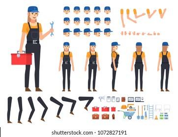 Female worker, builder in dark overalls creation kit. Create your own pose, action, animation. Various emotions, gestures, design elements. Flat design vector illustration