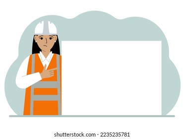A female worker or builder points his finger at a blank large banner, a blank poster or a large white sheet of paper with space for text. Vector flat illustration.