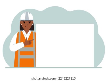 A female worker or builder points his finger at a blank large banner, a blank poster or a large white sheet of paper with space for text. Vector flat illustration.