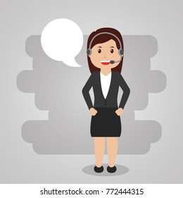 female worker call center service with headset speech bubble