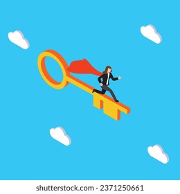 Female worker with cape standing on a key flying to unlock target 3d vector illustration concept for banner, website, illustration, landing page, flyer, etc