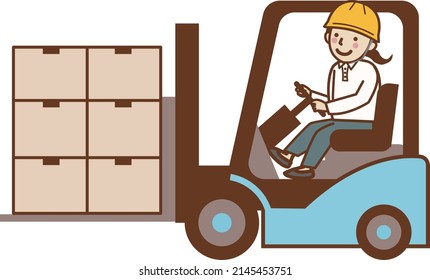 A female worker carrying luggage on a forklift.