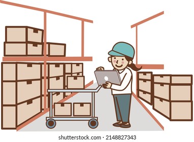 A female worker carrying a tablet on a dolly in a warehouse.