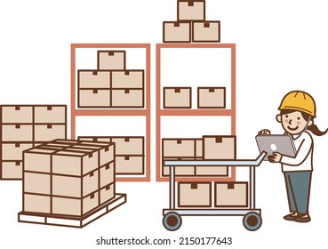 A female worker carrying a tablet on a dolly in a warehouse.