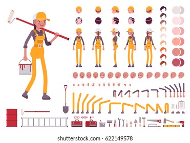 Female worker character creation set. Full length, different views, emotions, gestures, isolated against white background. Build your own design. Vector illustration