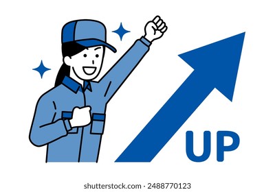 Female worker cheering with a fist pump and an arrow rising