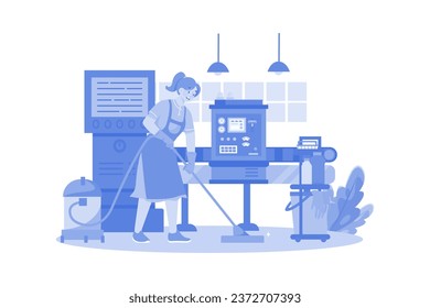 Female Worker Cleaning Floor Using A Vacuum Cleaner