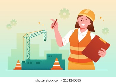 Female worker at construction site. Flat illustration of female civil engineer holding clipboard pointing at construction tower crane in the background.