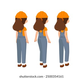 Trabajadora constructora. Mujer en sombrero duro amarillo vista trasera. Kit de personalización. Pack de personajes en diferentes poses. Construcción y arquitectura. Colección de Vector plana