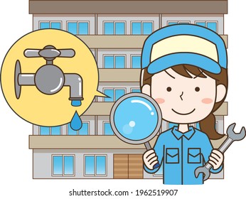 Female worker dealing with water leak trouble in condominium