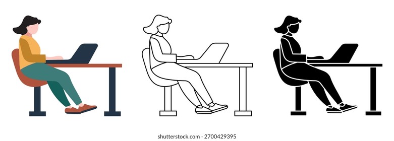 Trabajadora en el escritorio usando la ilustración del ordenador portátil