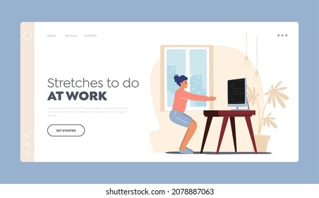 Female Worker Exercising at Workplace Landing Page Template. Freelancer Character Doing Workout Stretches at Home Squatting front of Pc. Health Care and Sport. Cartoon People Vector Illustration