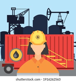 female worker fracking refinery tower, oil rig production vector illustration