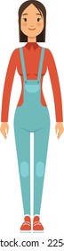 Female worker front view. Cartoon woman in overalls