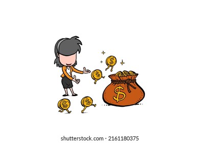 Female worker get her money every month. Concept of office payroll. Character vector illustration design on isolated background.
