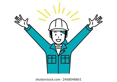 A female worker is happy with his hands raised