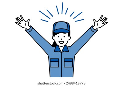 Female worker is happy with his hands raised