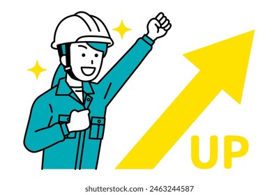 A female worker is happy with an upward arrow and a fist pump