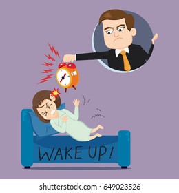 Female worker having bad dreams boss with say wake up, vector illustration cartoon