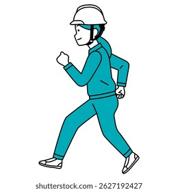 Female worker in a helmet running (sideways)