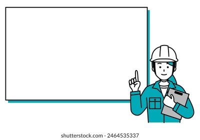 A female worker holding a clipboard and explaining on a whiteboard