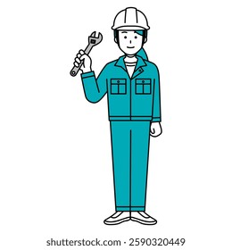Female worker holding a monkey wrench (full body)