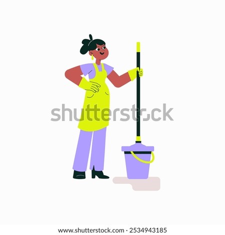 Female Worker Holding Mop In Flat Vector Illustration Symbolizing Cleaning Services, Housework, And Maintenance, Isolated On White Background