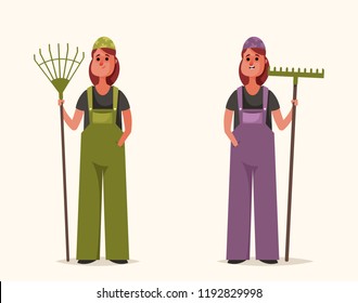 Female Worker Holding Rake. Cartoon Style. Vector Illustration