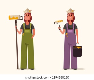 Female Worker Holding Roller and Bucket of Paint. Cartoon Style. Vector Illustration