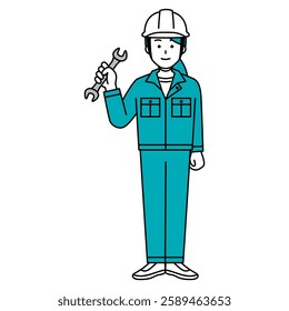 Female worker holding a wrench (full body)