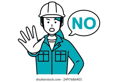 Female worker holds out her right hand and says NO