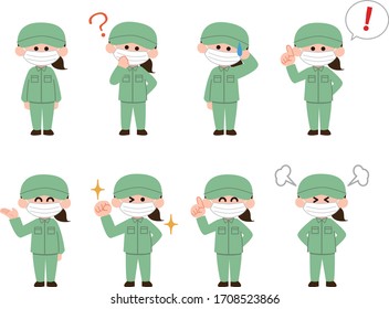 Female worker illustration set with mask