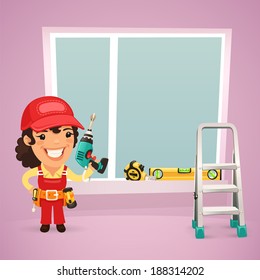 Female Worker Is Installing the Window. In the EPS file, each element is grouped separately.