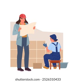 Female worker laying ceramic tiles on wall of room apartment. Professional tiler in uniform working, engineer in hard hat holding drawing of construction and repair works cartoon vector illustration